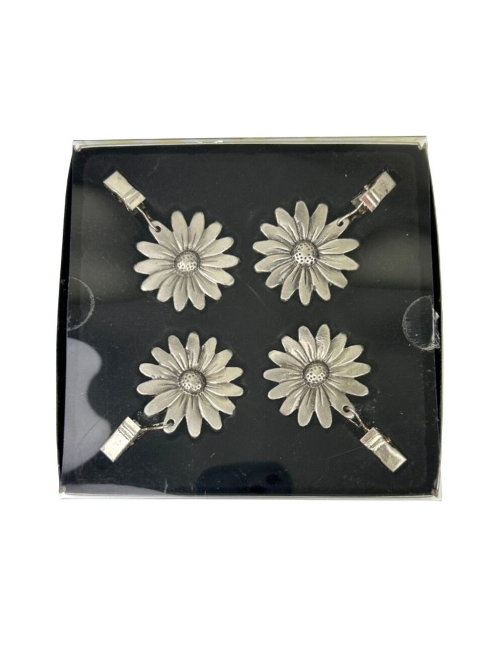 Pewter Tablecloth Weights Flower Daisies Metal Clips Silver Tone Set of 4 READ